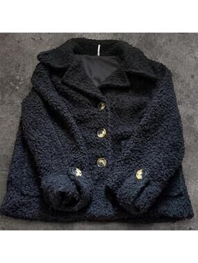 Beautiful Free People black teddy coat with buttons